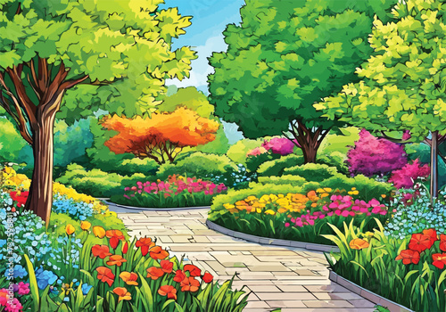 Garden landscape with vibrant flowers and greenery: Animation Vector illustration. Sunny courtyard area with Flowers and grass.	
