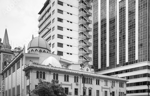 Black and white photo of downtown Guayaquil, Ecuador.