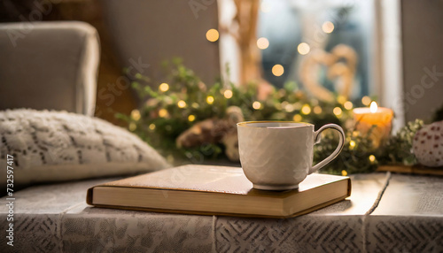 Cup of tea and paper book, cozy room decorated for Christmas, glowing lights. Winter holiday season.
