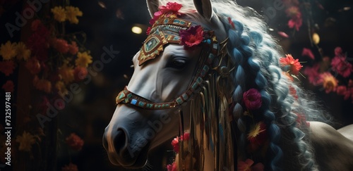 a horse adorned in resplendent cultural attire moves with ethereal grace © shahid