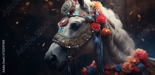 a horse adorned in resplendent cultural attire moves with ethereal grace
