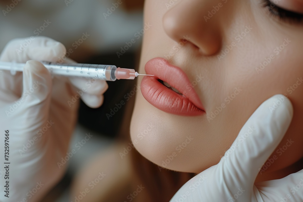 A person receiving a lip injection with a syringe.
A person receiving a lip injection with a syringe.