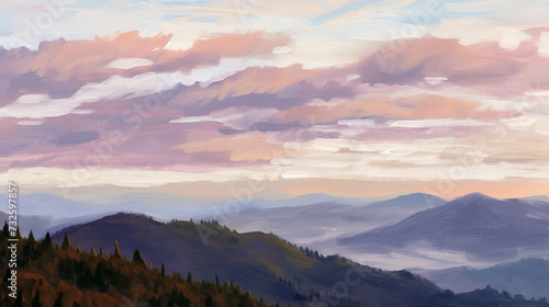 Digital painting of mountains and clouds in the sky © Lohan