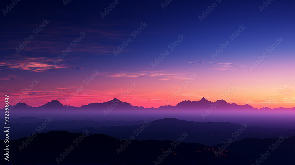 Sunrise in the mountains with silhouette of the peaks of the mountains