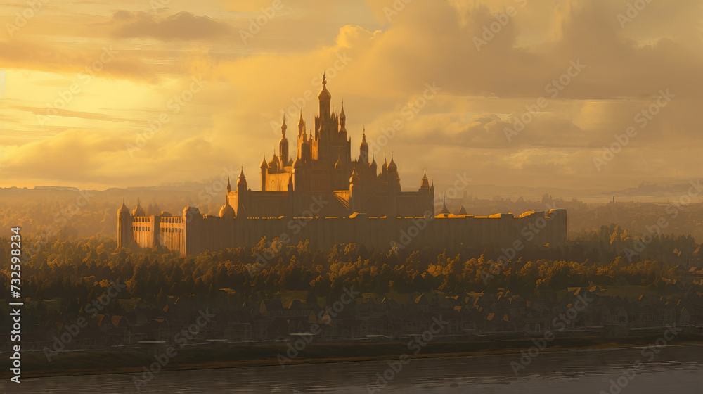 Panoramic view of a castle at sunset