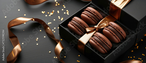 Dark chocolate macarons in gift box on black background with golden decoration. Pastry food mockup. Layout,  flat lay. Generative ai