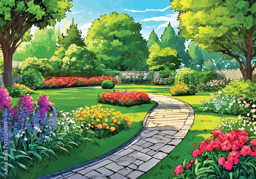 Garden landscape with vibrant flowers and greenery: Animation Vector illustration. Sunny courtyard area with Flowers and grass.	
