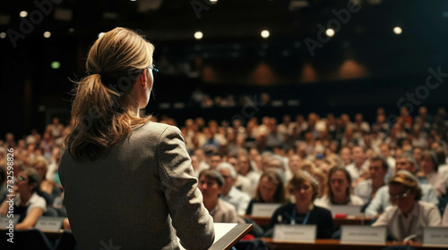 Focused Businesswoman Presenting at Corporate Event. Professional Woman Leading A Conference To A Seated Audience