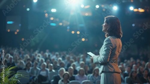 Focused Businesswoman Presenting at Corporate Event. Professional Woman Leading A Conference To A Seated Audience © Immersive Dimension