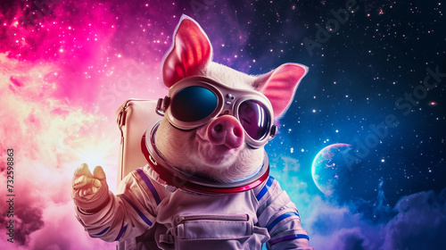 Cute space pig dressed in astronaut suit with sunglasses in Magical Galaxy Star. AI Generative © We3 Animal