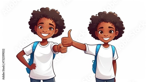 Two African American elementary school girls with a backpack, wearing a white T-shirt, showing a thumbs-up on a white background, Happy student girls celebrate freedom by recommending the best 