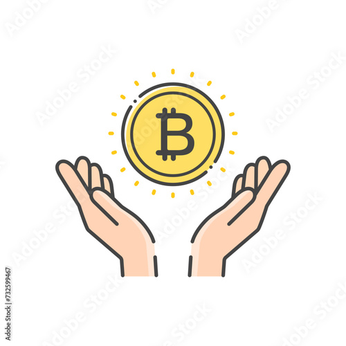 ₿の文字とコインを持っている人の手のアイコン- 仮想通貨･ビットコインのイメージ
