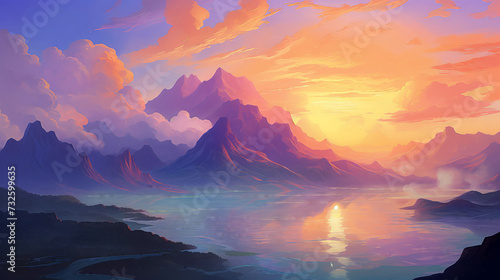 Fantasy alien planet at sunset. Mountain and lake