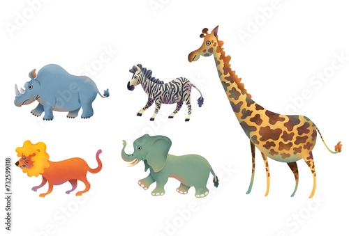 Fototapeta Naklejka Na Ścianę i Meble -  Safari animals Digital Illustration with Lion, Zebra, Giraffe, Rhino, and Elephant set, Painting safari animals, Cute Lion, zebra, giraffe, elephant, rhino. World Wildlife 