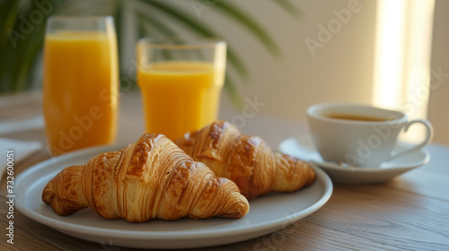 A breakfast with croissant and juice on a table in a cute cafe