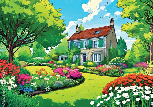 Garden landscape with vibrant flowers and greenery: Animation Vector illustration. Sunny courtyard area with Flowers and grass.	
