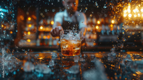 A bartender makes liquor behind a table in a bar.