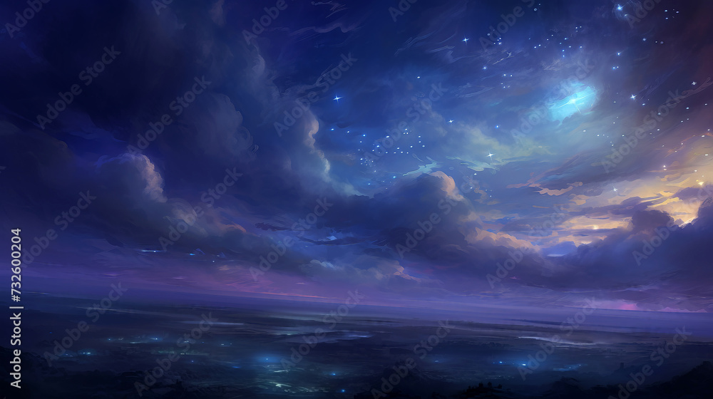 Night sky with clouds and stars over the ocean. Beautiful fantasy landscape Night sky with clouds and stars over the ocean. Beautiful fantasy landscape