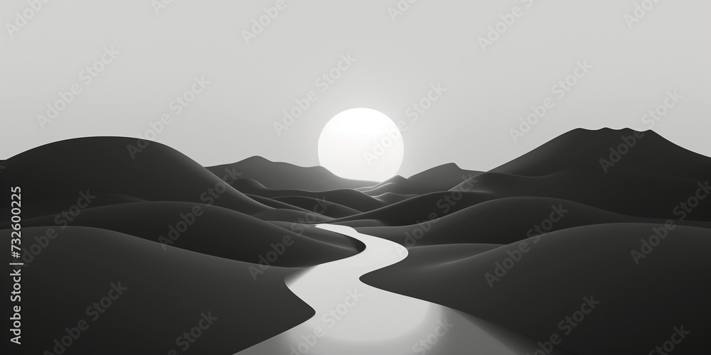 Fototapeta premium Paysage abstrait d'un coucher de soleil sur les dunes, désert traversé par un fleuve, oasis en noir et blanc