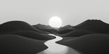 Paysage abstrait d'un coucher de soleil sur les dunes, désert traversé par un fleuve, oasis en noir et blanc