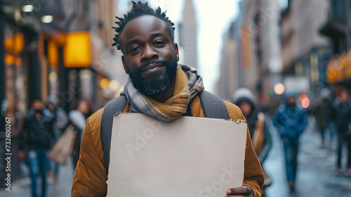 Black man holding showing blank white empty paper board frame billboard sign on street for message ad advertising with copy space for text, protest protesting concept