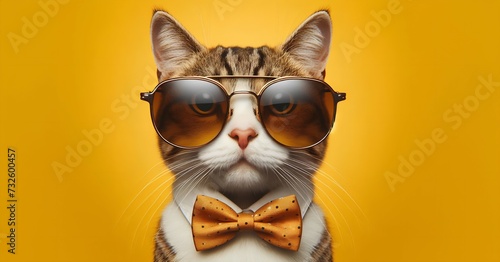 Cat with sunglasses on yellow background. Animal surrealism humanization concept