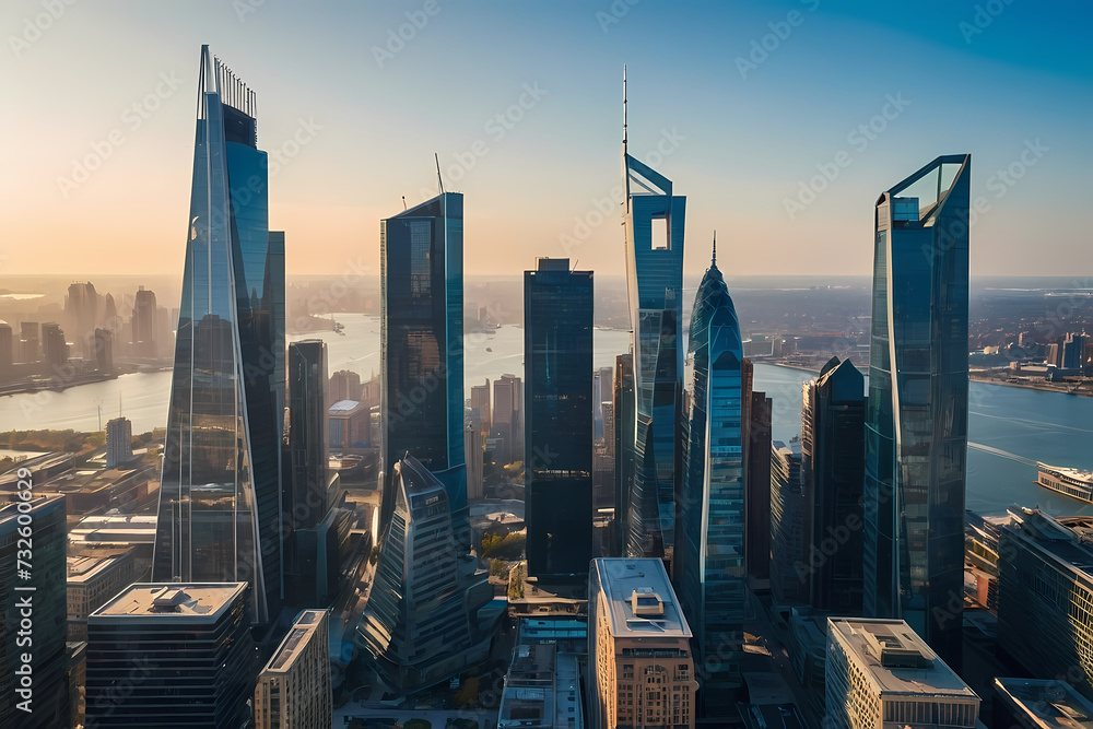 Visual of a smart city's contemporary skyline, a forward-looking financial district with impressive structures, and a warm blue color palette, bathed in sunlight.
