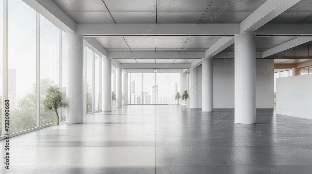 The Stark Beauty of an Empty White Office Space, Featuring Columns on a Grey Concrete Floor, with Ample Light from a Window