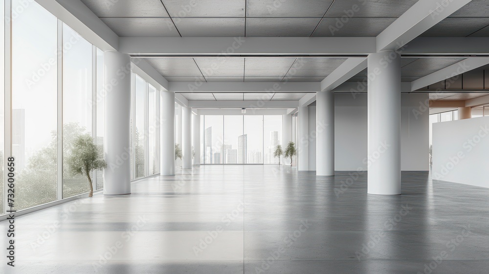 The Stark Beauty of an Empty White Office Space, Featuring Columns on a Grey Concrete Floor, with Ample Light from a Window The Stark Beauty of an Empty White Office Space, Featuring Columns on a Grey Concrete Floor, with Ample Light from a Window
