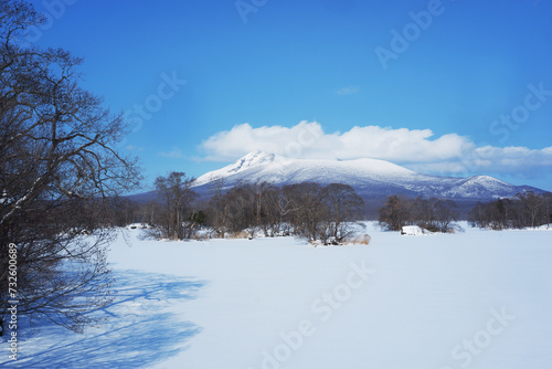A view of the park in winter after it snows.