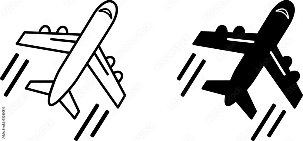 Airplane icons. Black and White Vector Icons. The airplane taking off. Travel and Vacation Concept Airplane icons. Black and White Vector Icons. The airplane taking off. Travel and Vacation Concept