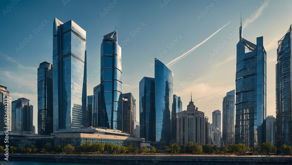 Captivating view of modern skyscrapers in a smart city, an avant-garde financial district featuring architectural brilliance, set against a blue backdrop with sunlit highlights.