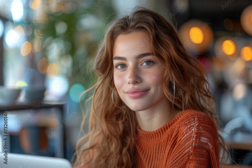 Warmth in her smile, a young woman's contentment captured in the ambient glow of a cozy café.
Warmth in her smile, a young woman's contentment captured in the ambient glow of a cozy café.