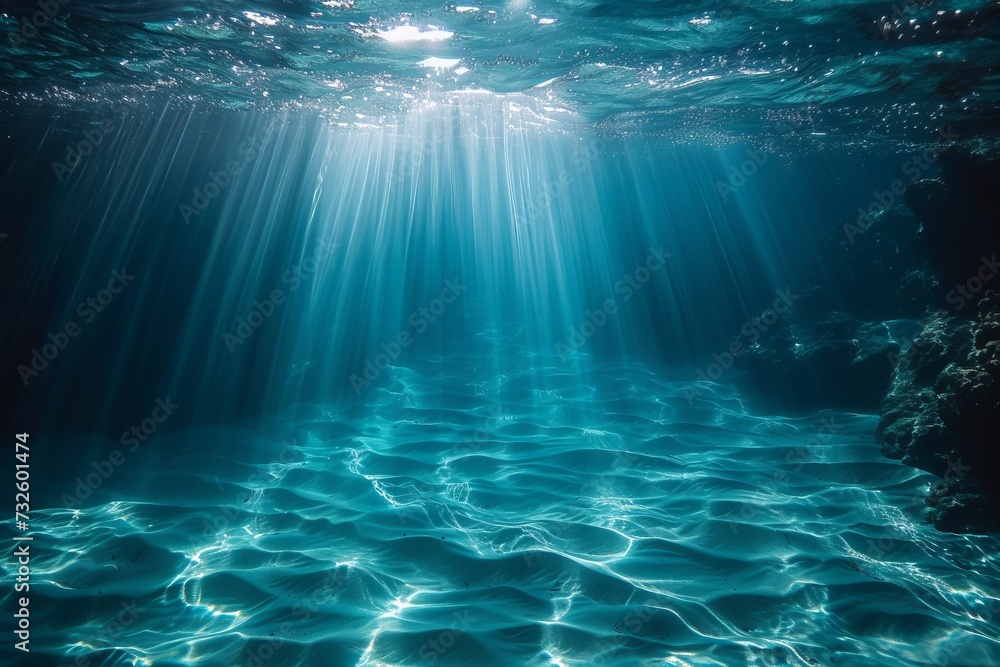 Underwater light beams illuminate the clear blue, a serene aquatic ballet beneath the waves.

