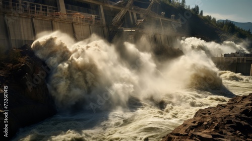 Exploded dams of hydroelectric power plants, an accident at a hydroelectric power plant in nature. © liliyabatyrova