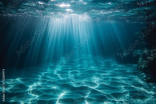 Underwater light beams illuminate the clear blue, a serene aquatic ballet beneath the waves.
