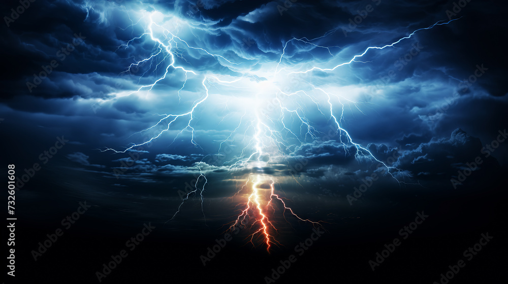 Lightning strike in dark cloudy sky. Thunderstorm - obrazy, fototapety, plakaty 