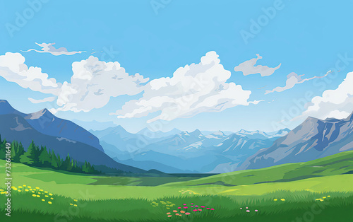 Landscape with mountains, meadow and clouds. Vector illustration