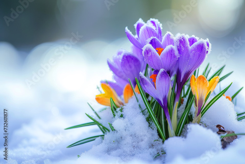 Spring flowers growing from under the snow © Slepitssskaya