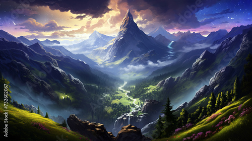Fantasy landscape with mountains and meadow at sunrise