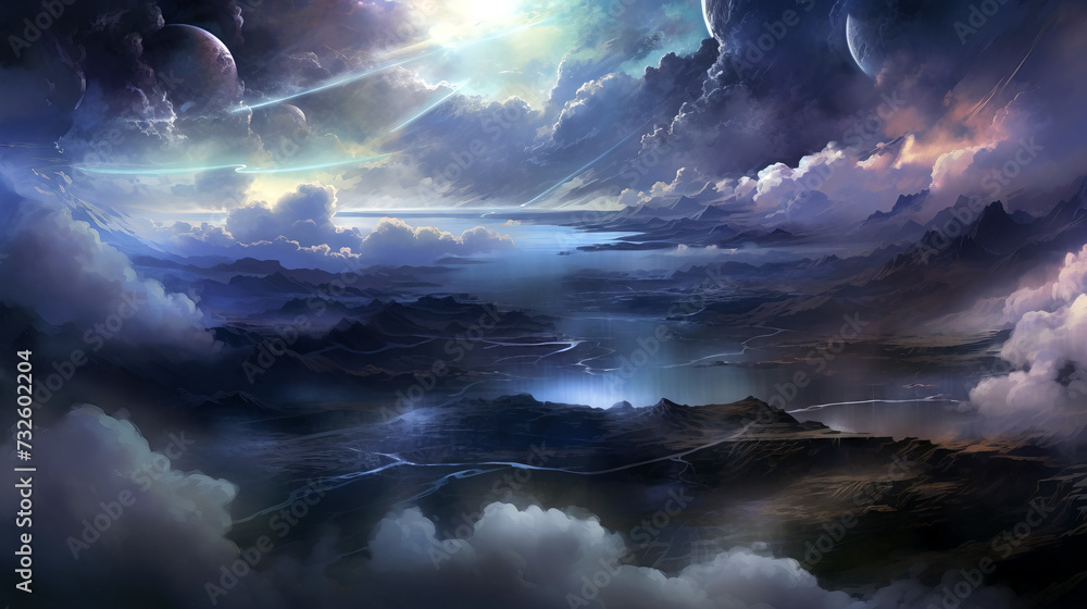 Fantasy alien planet. Mountain and lake
