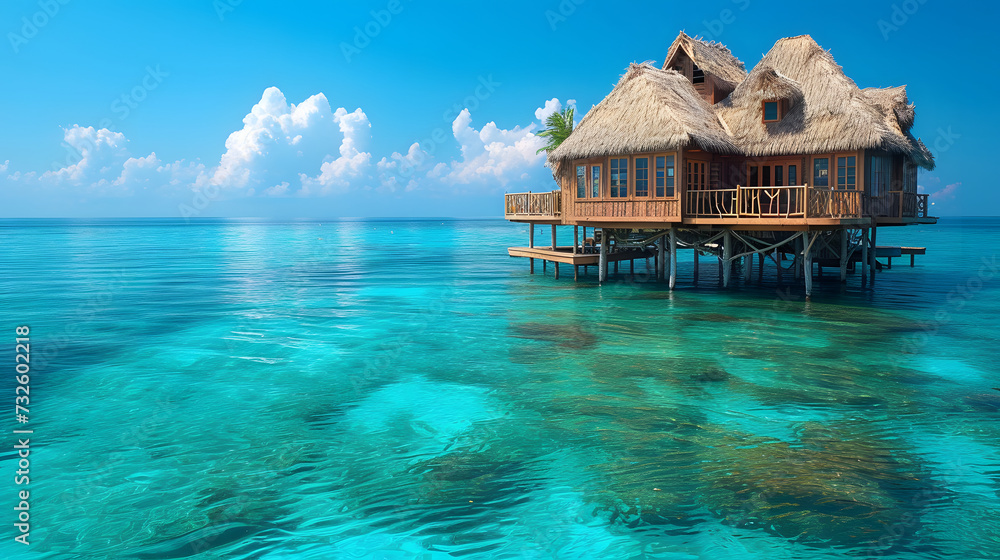 A tropical island with a thatched roof hut on stilts in the ocean. The water is crystal clear and blue.
