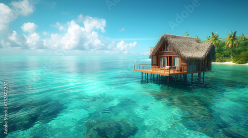 A tropical island with a thatched roof hut on stilts in the ocean. The water is crystal clear and blue. photo