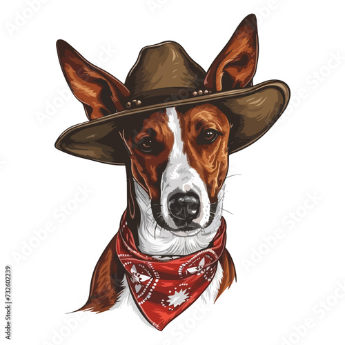 basenji Dog Head wearing cowboy hat and bandana around neck