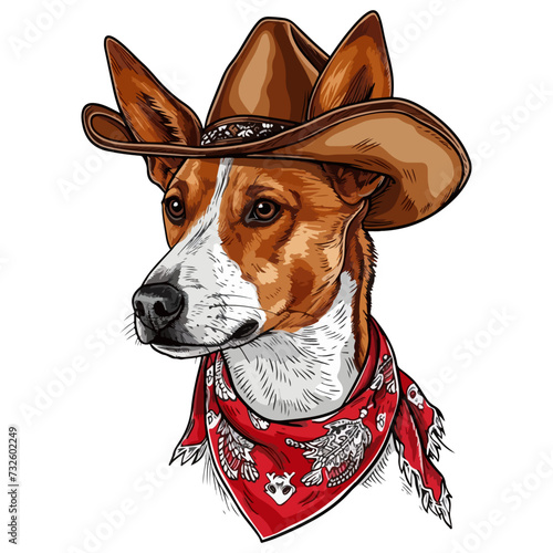 basenji Dog Head wearing cowboy hat and bandana around neck