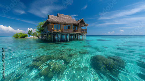 A tropical island with a thatched roof hut on stilts in the ocean. The water is crystal clear and blue. © wcirco