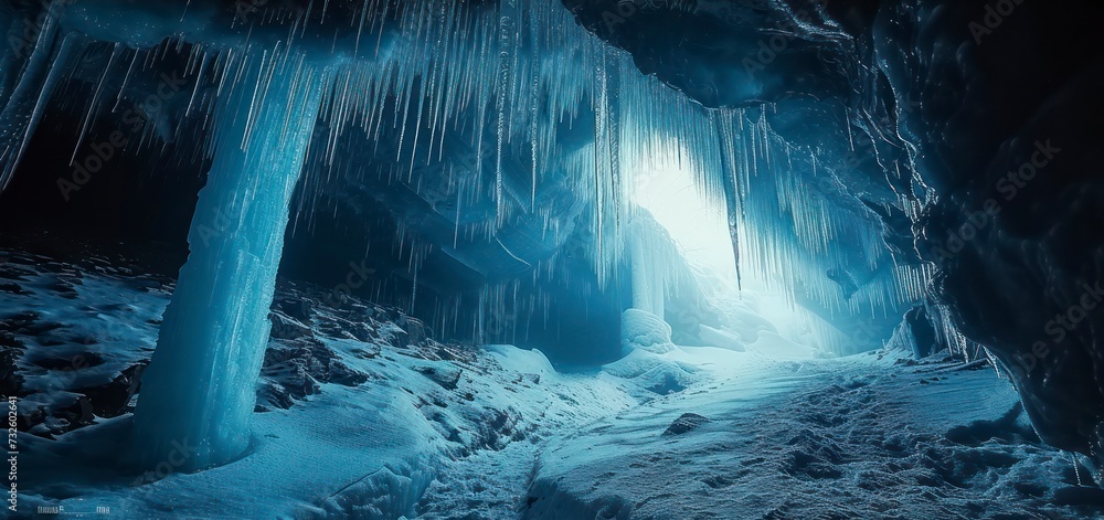 Beautiful view of the Ice Cave with blue colored ice surface on ceiling and icicles hanging on a moulin hole in winter - obrazy, fototapety, plakaty 