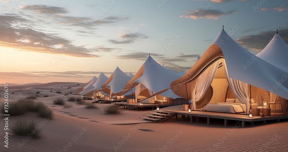 A Modern Glamping Camp Surrounded by Sand Dunes, Featuring Luxurious Eco Tents