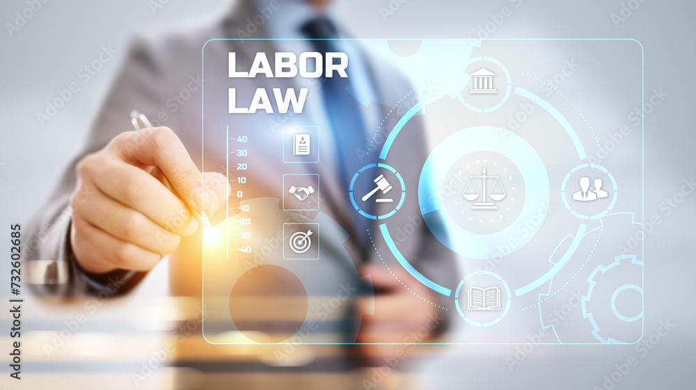 Labor law. Attorney at law advocacy. Businessman pressing virtual button. Labor law. Attorney at law advocacy. Businessman pressing virtual button.