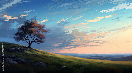 Lonely tree on a meadow at sunset. Digital painting